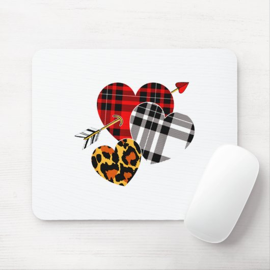 Three Hearts Leopard Buffalo Plaid Valentines Day マウスパッド (マウス)