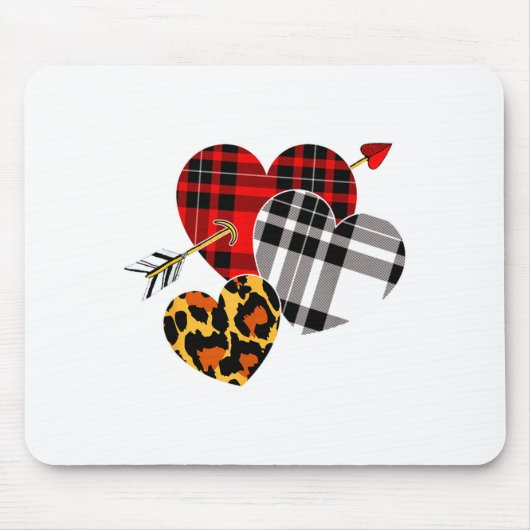 Three Hearts Leopard Buffalo Plaid Valentines Day マウスパッド (正面)