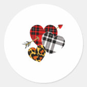 Three Hearts Leopard Buffalo Plaid Valentines Day ラウンドシール (正面)