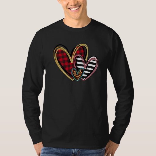 Three Hearts Leopard Buffalo Plaid Valentine's day Tシャツ (正面)