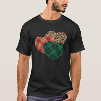 Three Hearts Leopard Green Buffalo Plaid Valentine Tシャツ