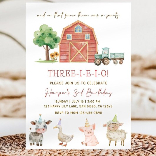 Three I E I O Birthday Invitation, Editable Boy 3r 招待状