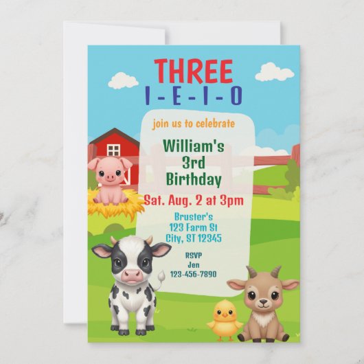 Three I-E-I-O, Cute Farm Animal 3rd Birthday 招待状 (正面)