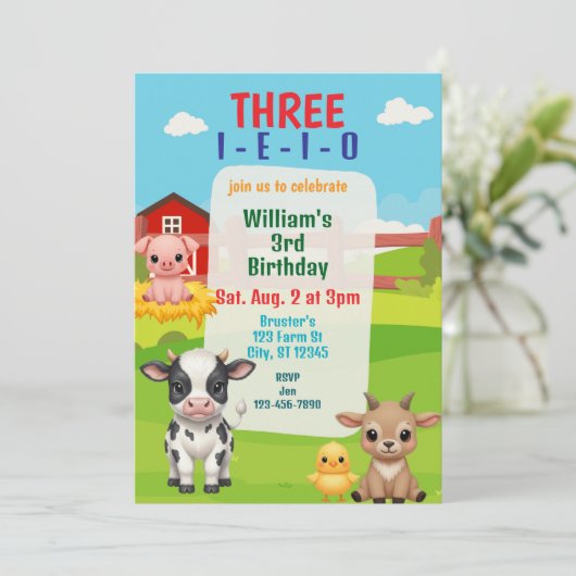 Three I-E-I-O, Cute Farm Animal 3rd Birthday 招待状 (スタンド正面)