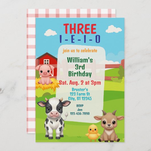 Three I-E-I-O, Cute Farm Animal 3rd Birthday 招待状 (正面/裏面)