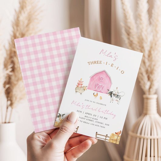 Three-I-E-I-O Pink Barn Farm 3rd Birthday Party 招待状