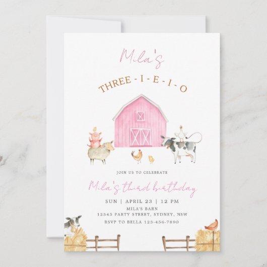 Three-I-E-I-O Pink Barn Farm 3rd Birthday Party 招待状 (正面)