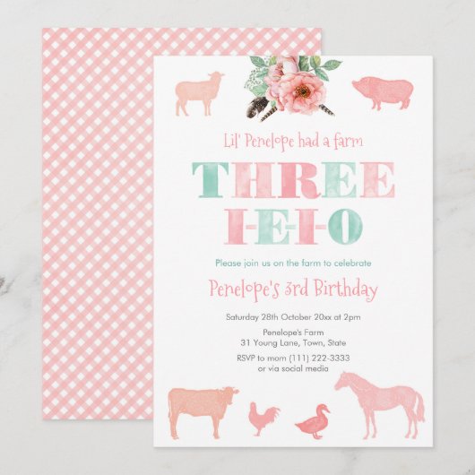 THREE-IEIO, オールド・マクドナルド・ガール 3歳の誕生日パーティー 招待状 (正面/裏面)