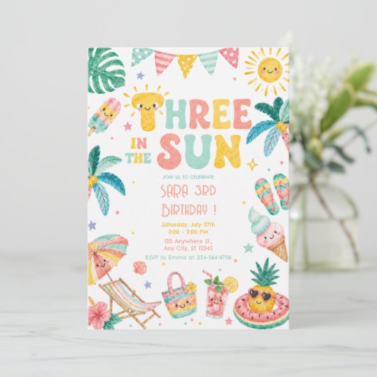 Three in the Sun 3歳の誕生日ビーチパーティー 招待状 (スタンド正面)
