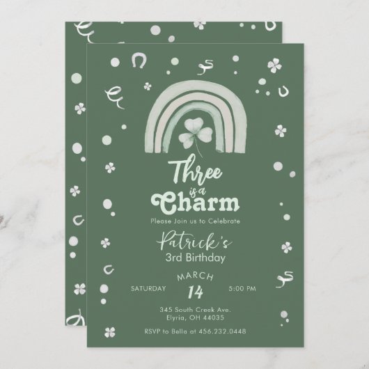 Three Is A Charm Shamrock Any Age Birthday 招待状 (正面/裏面)