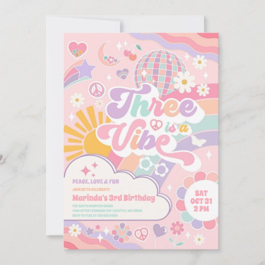 Three Is A Vibe Cloud Rainbow Sun 3rd Birthday 招待状 (正面)