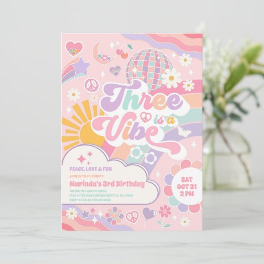 Three Is A Vibe Sun Rainbow Disco 3rd Birthday 招待状 (スタンド正面)