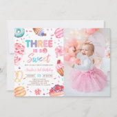 Three Is Sweet Dout Candy 3rd Birthday Photo 招待状 (正面)