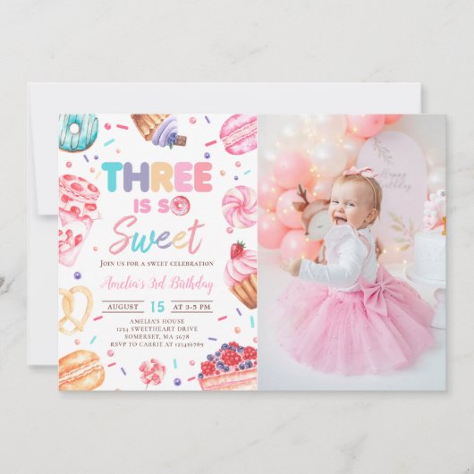 Three Is Sweet Dout Candy 3rd Birthday Photo 招待状 (正面)