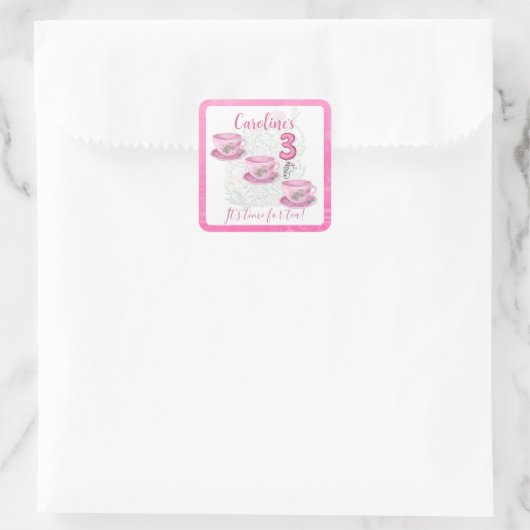 Three It’s Time for Tea 3rd Birthday Invitation スクエアシール (バッグ)