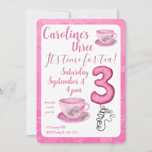 Three It’s Time for Tea 3rd Birthday Invitation 招待状 (正面)