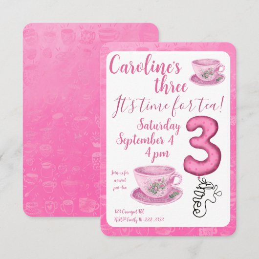 Three It’s Time for Tea 3rd Birthday Invitation 招待状 (正面/裏面)