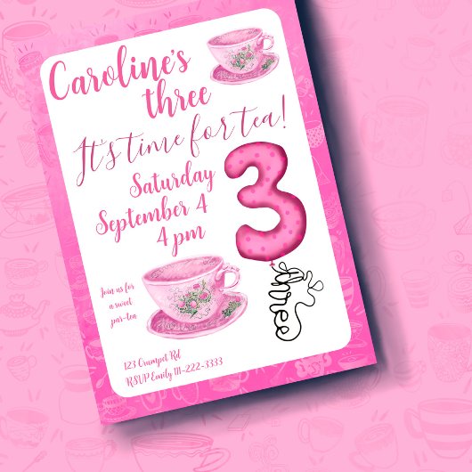Three It’s Time for Tea 3rd Birthday Invitation 招待状