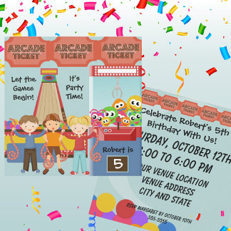Three Kids Arcade Birthday Party Invitation 招待状
