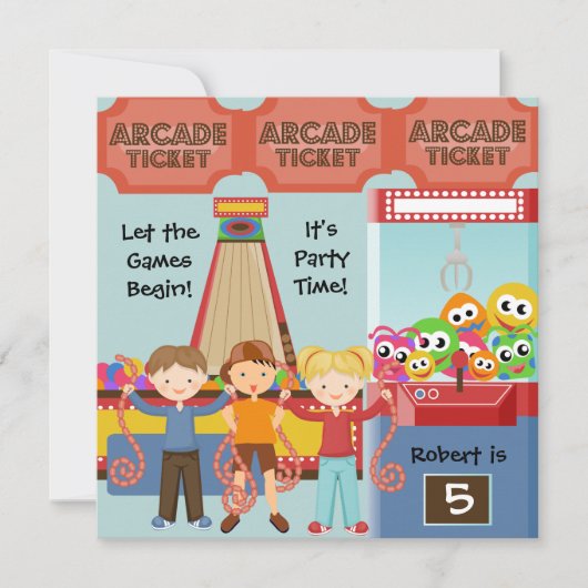 Three Kids Arcade Birthday Party Invitation 招待状 (正面)