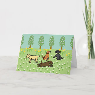 Three Labradors with Spring Flowers カード