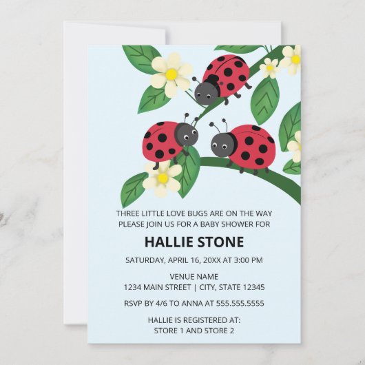 Three Little Love Bugs Ladybug Baby Shower 招待状 (正面)