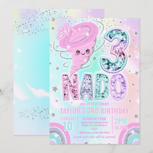 Three Nado Rainbow Glitter 3rd Birthday Party 招待状 (正面/裏面)