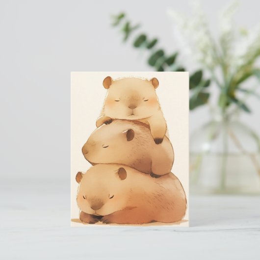 Three Napping Capybara Stack Minimalist Animal ポストカード (スタンド正面)