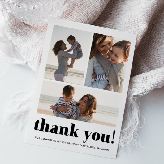 Three Photo Collage Blue Birthday Party Thank You サンキューカード