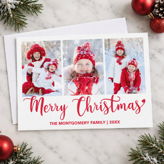 Three Photo Family Red Script メリークリスマス シーズンカード