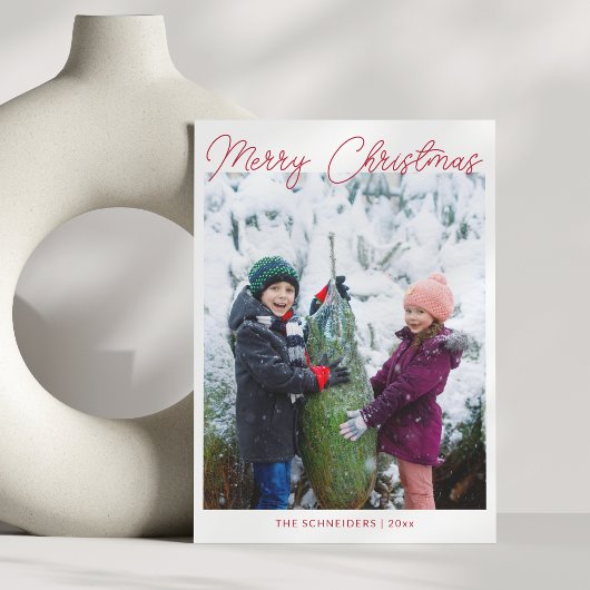 Three Photo Vertical Red Script メリークリスマス シーズンカード