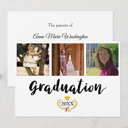 Three photos High School Graduation Announcement カード (正面/裏面)
