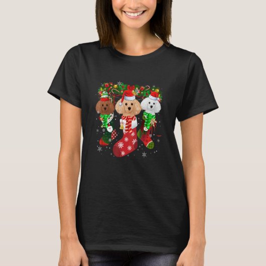Three Poodle In Socks Christmas Santa Hat   Tシャツ (正面)