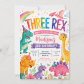 THREE REX レインボー恐竜ガールズ 誕生日パーティー 招待状 (正面)