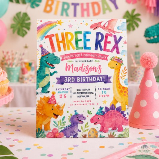 THREE REX レインボー恐竜ガールズ 誕生日パーティー 招待状