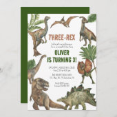 Three-Rex 3歳の誕生日恐竜の招待状 セーブザデート (正面/裏面)