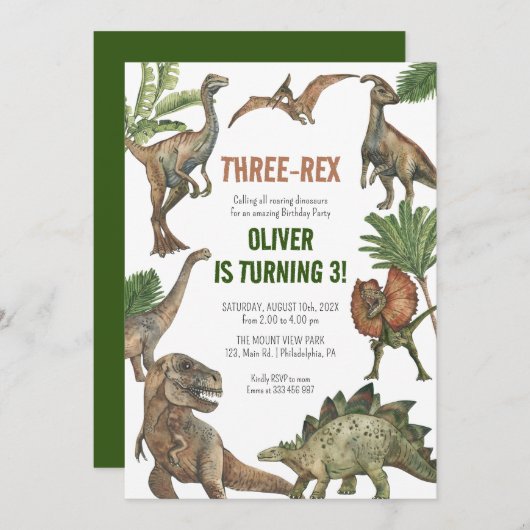 Three-Rex 3歳の誕生日恐竜の招待状 セーブザデート (正面/裏面)