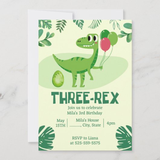 Three Rex 3rd Dinosaur Birthday invitation 招待状 (正面)