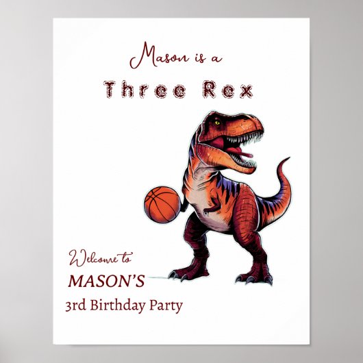 Three-Rex basketball Dino birthday welcome sign ポスター (正面)