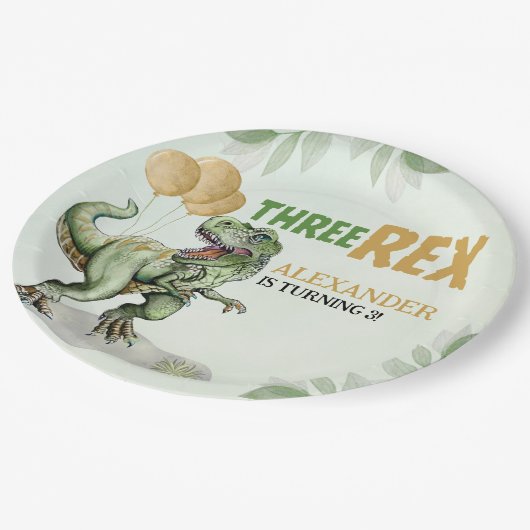 Three Rex - Birthday Boy 3rd with Dinosaur Theme ペーパープレート (アングル)