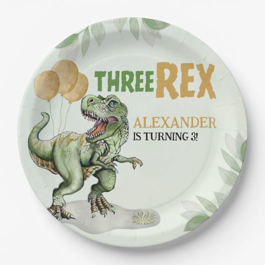 Three Rex - Birthday Boy 3rd with Dinosaur Theme ペーパープレート (正面)