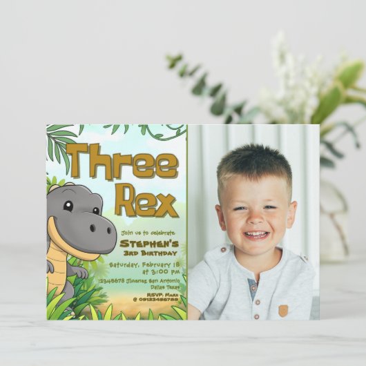 Three Rex Boy 3rd Birthday with Photo 招待状 (スタンド正面)