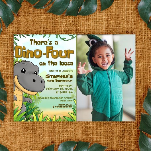 Three Rex Boy 4th Birthday with Photo 招待状