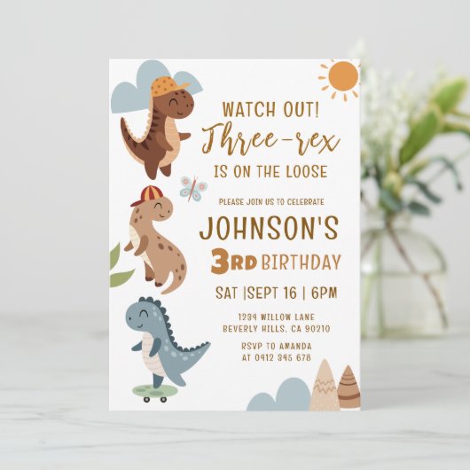 Three-rex Boy Dinosaur 3rd Birthday Party  招待状 (スタンド正面)