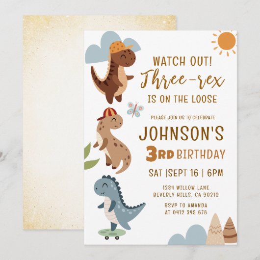 Three-rex Boy Dinosaur 3rd Birthday Party  招待状 (正面/裏面)