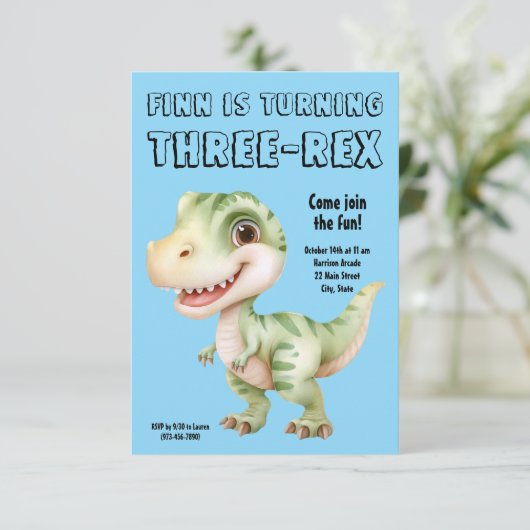Three-Rex Dinosaur 3rd Birthday Party Invitation 招待状 (スタンド正面)