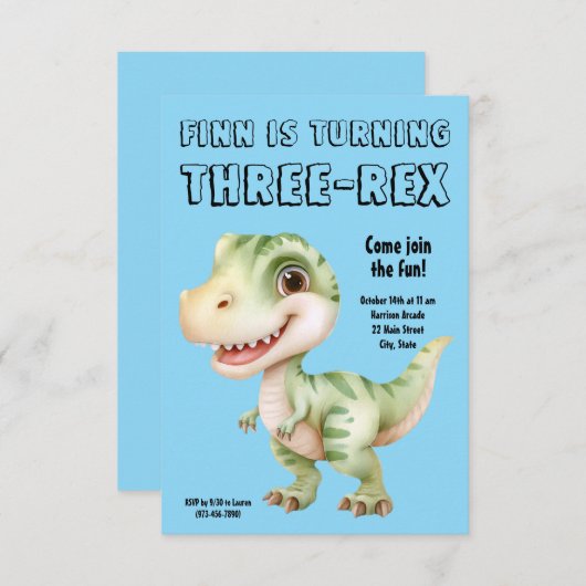 Three-Rex Dinosaur 3rd Birthday Party Invitation 招待状 (正面/裏面)