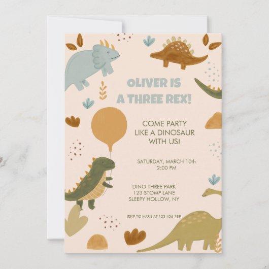 Three Rex Dinosaur 3rd Boy Birthday Invitation 招待状 (正面)