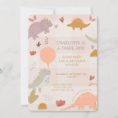 Three Rex Dinosaur 3rd Girl Birthday Invitation 招待状 (正面)