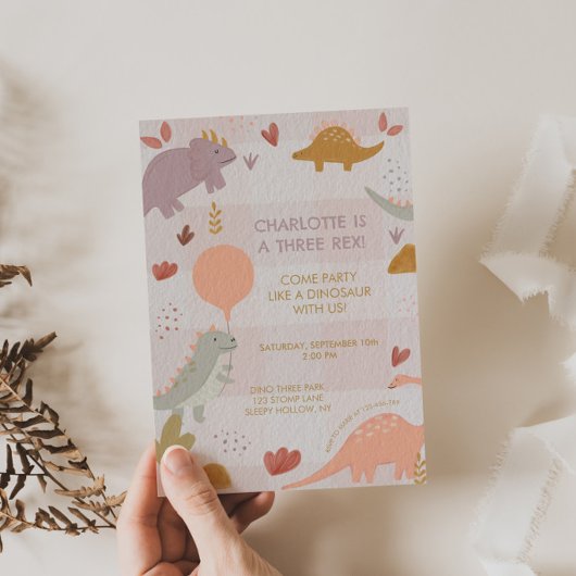 Three Rex Dinosaur 3rd Girl Birthday Invitation 招待状